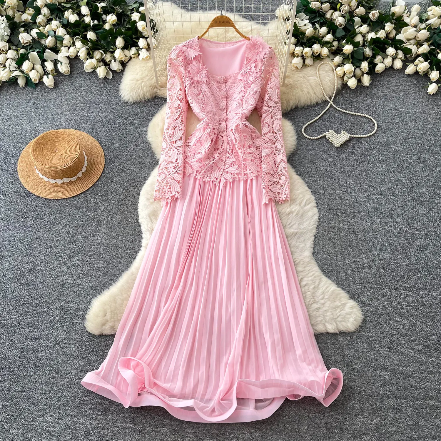 Spitzenrüschen-Camis-Midikleid Zweiteiliges Set V-Ausschnitt-Oberteil Vintage Tüll-Plissee-Rock Hochtaillierter A-Linien-Rock Herbst-Sets