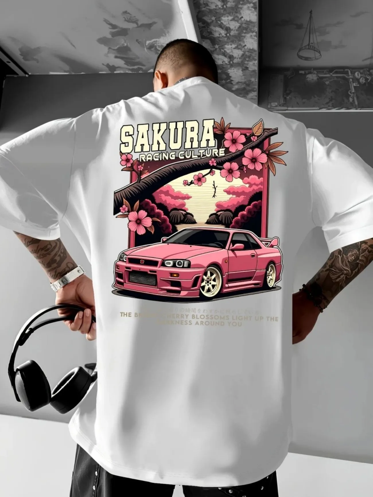 American men's summer new racing cherry blossom print comfortable and breathable round neck T-shirt outdoor street top