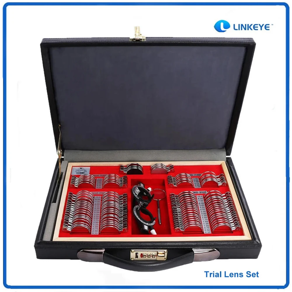 Probierlinsen-Set 104-teilig, Ophthalmologische Optometrie-Ausrüstung, Metallrand-Optiklinsen, Testbox mit Aluminiumkoffer & Probiergestell-Set