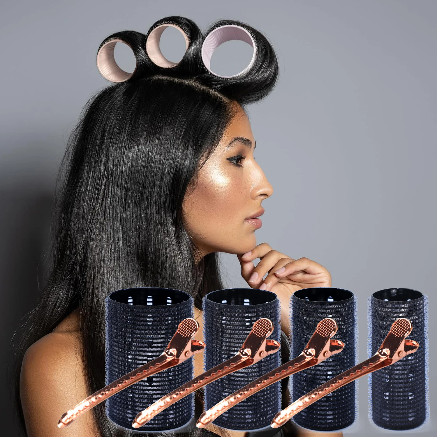 

12pcs/set Ceramic Thermal Hair Roller Hook & Loop Aluminum Air Bang Self Grip Sleep Large Volume Curler with Clips 90mm 1942