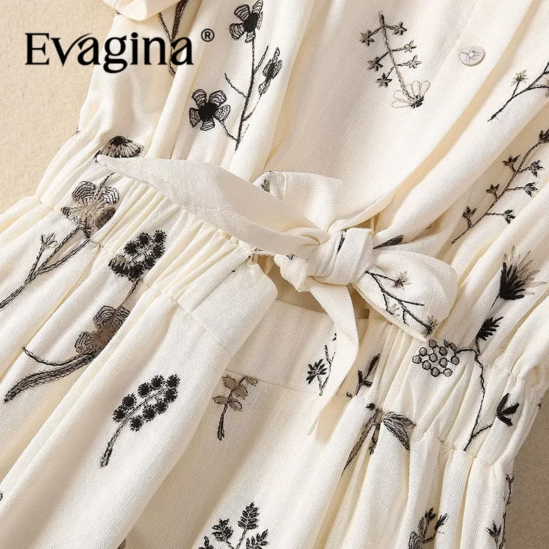 Evagina Summer Women's Dress Turn-Down Collar Short-Sleeved Single-Breasted Lace-Up Linen Embroidered Vintage Elegant Dresses