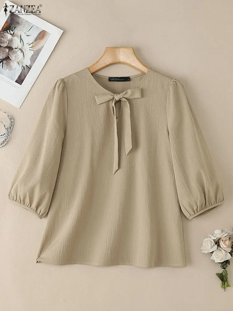 Women Elegant Bow Detailed Blouses Keyhole Neck 3/4 Puff Sleeve Crinkled Solid Color Tops ZANZEA Fashion Woman Cloth Autumn 2025