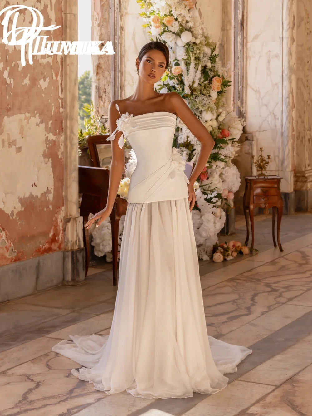 فستان زفاف فاخر من الساتان بكتف واحد 2026 فستان زفاف رومانسي ثلاثي الأبعاد على شكل زهرة حالمة على شكل حرف a بطول الأرض رداء De M #2