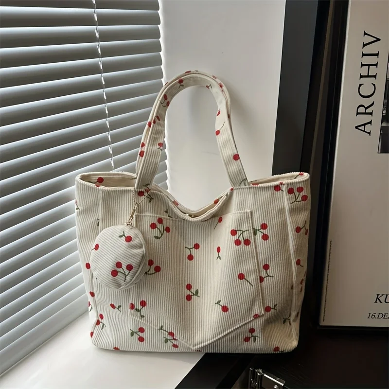 2Pcs【Tote Bag + Small Round Bag】Cherry-Embellished Large-Capacity Tote Bag for Women, Made of Corduroy Velvet Material, a Must-Have for Autumn and Winter, a Fashionable and Creative Shoulder Bag for Women, a Must-Have Large-Capacity Tote Bag for Outings, Parties, Travel, Vacations, Back-To-School Season, Graduation Season, Students, and Business Professionals