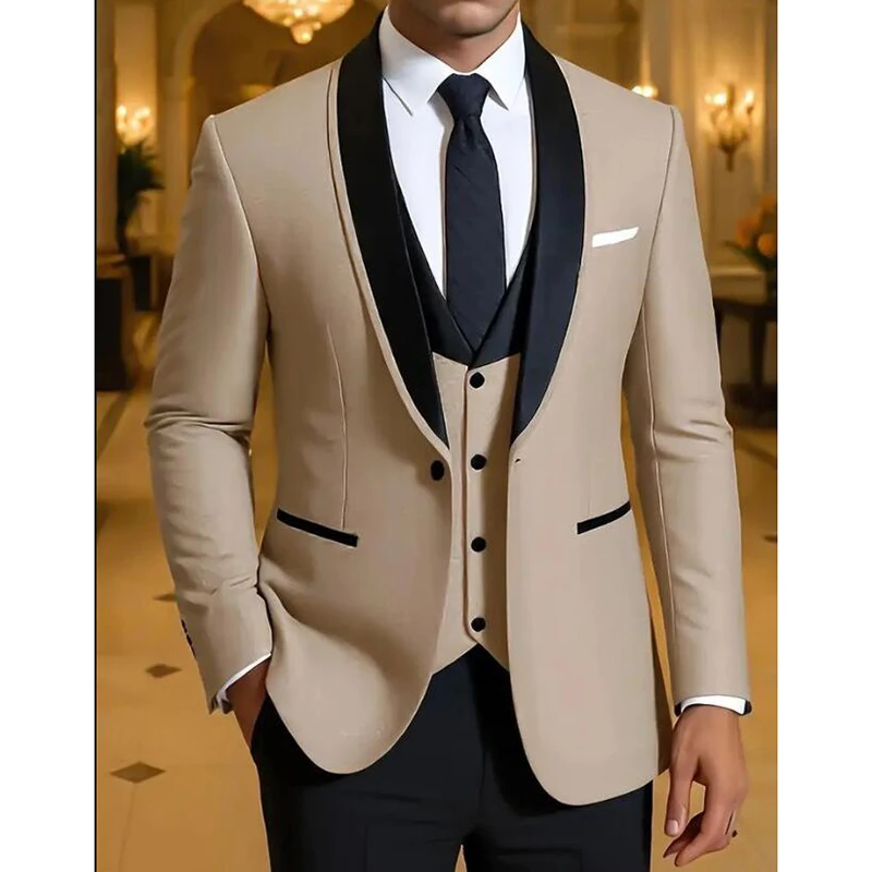 

Beige Formal Business Men Suits 3 Piece Black Shawl Lapel Groom Groomsman Wedding Party Prom Male Tuxedo Blazer Vest Pants Sets