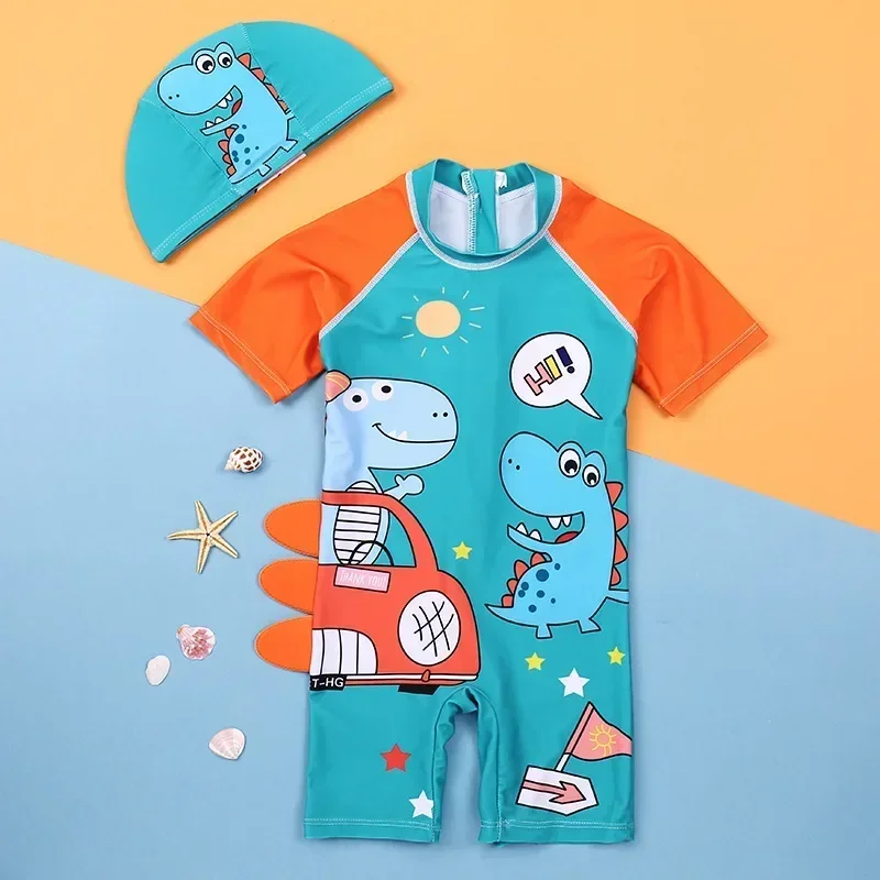 New Boys One-Piece Swimwear Cartoon Print Quick-dry Children Swimsuit Large&Small Kid Beach Flat Corner Sunscreen Male Baby Suit