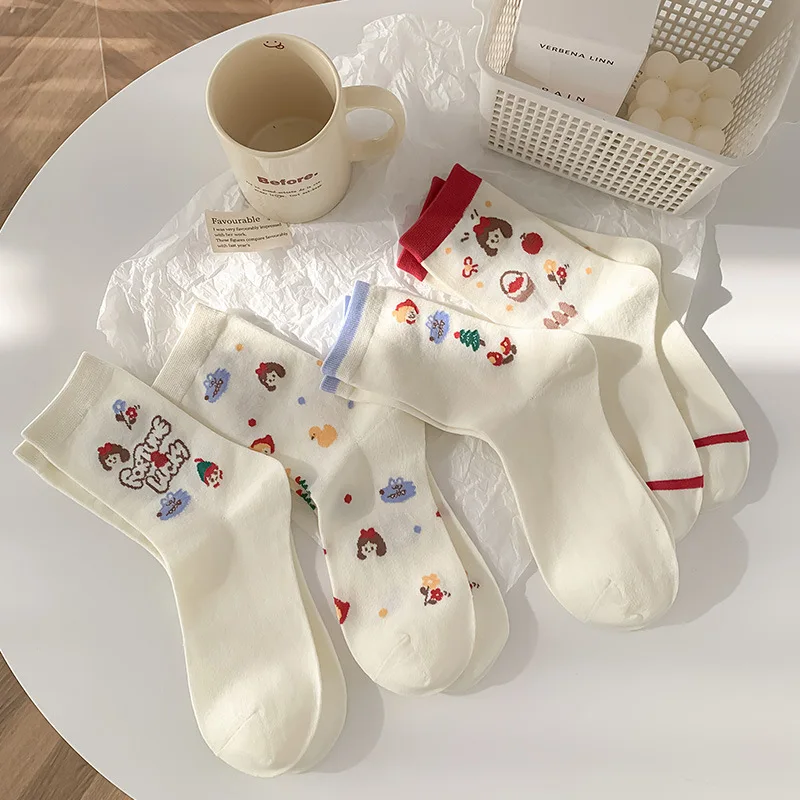 Leuke Roodkapje Cartoon Mid Kuit Sokken Gekamd Katoen Ademend Schoolstijl Witte Sokken voor Dames