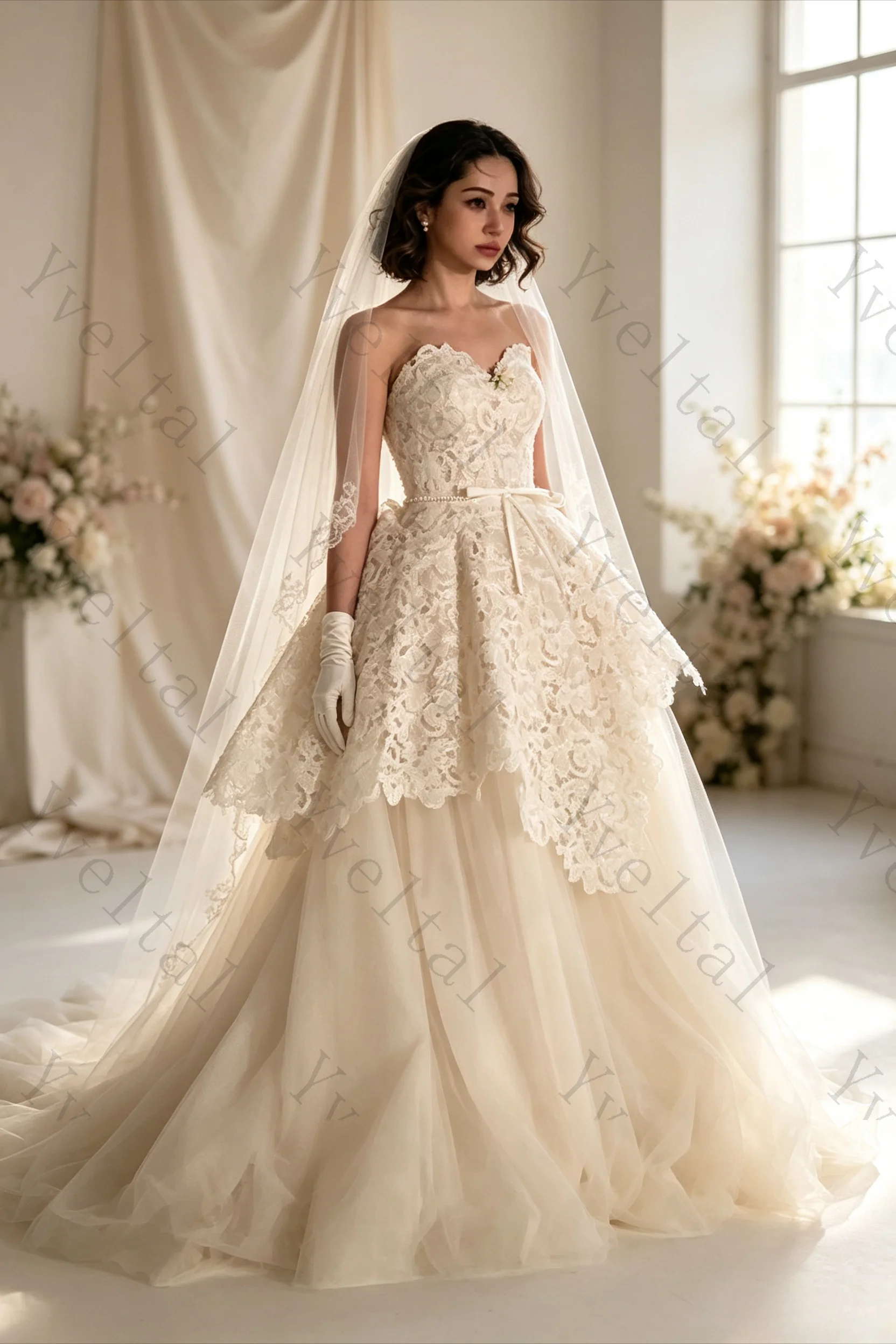 Customized Women's Cream Lace A-Line Wedding Dress Sweetheart Tulle Bridal Gown with Pearl Belt for Photoshoot Wedding Party