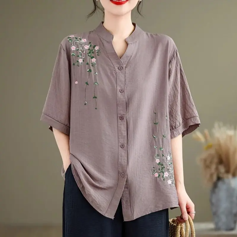 

Flower Embroidery Cotton Linen Short Sleeve Shirt for Women Summer Artistic Loose Mid Length Sleeves Tops Fashion Women Clothing