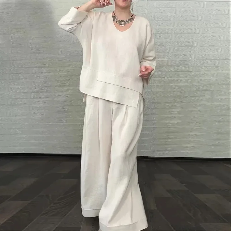 women's clothing 2025 summer new V-neck loose large size nine-quarter sleeve top wide-leg trousers two-piece set TR1367