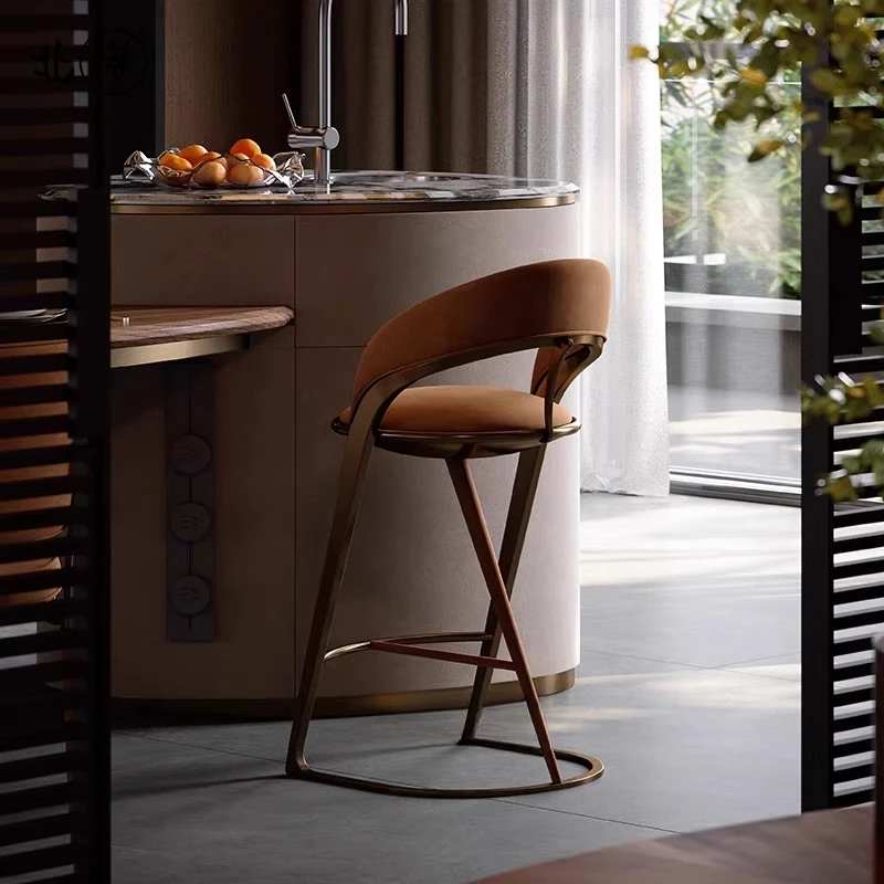Italian Brown Back Bar Stools Luxury High Design Stainless Steel Bar Stools Counter Modern Minimalist Banqueta Home Furniture
