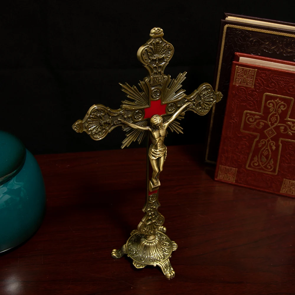 HTISOK Katholisches Jesus-Kreuz, stehendes katholisches Kreuz, katholisches Tischornament aus Zinklegierung, Geschenk für Freunde – Detail 2