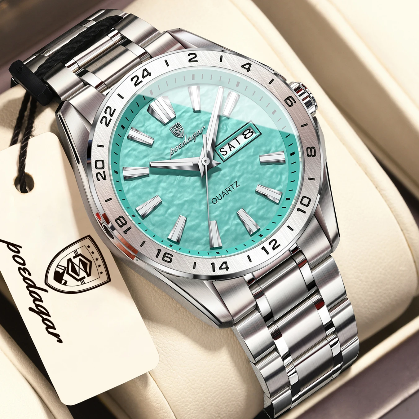 POEDAGAR Fashion Man Wristwatch Waterproof Luminous Business Men Watch Date Week Stainless Steel Quartz Men's Watches Male Reloj