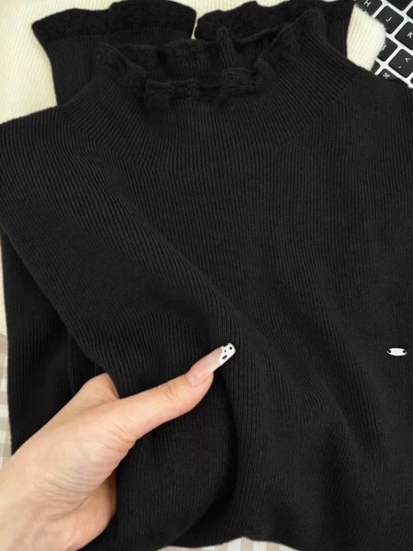 高級レースニットウェア f ハイカラー ソフトベースレイヤー インナーウェア 女性用 カジュアル スリムフィット ミディアム ソフト ロングスリーブ...