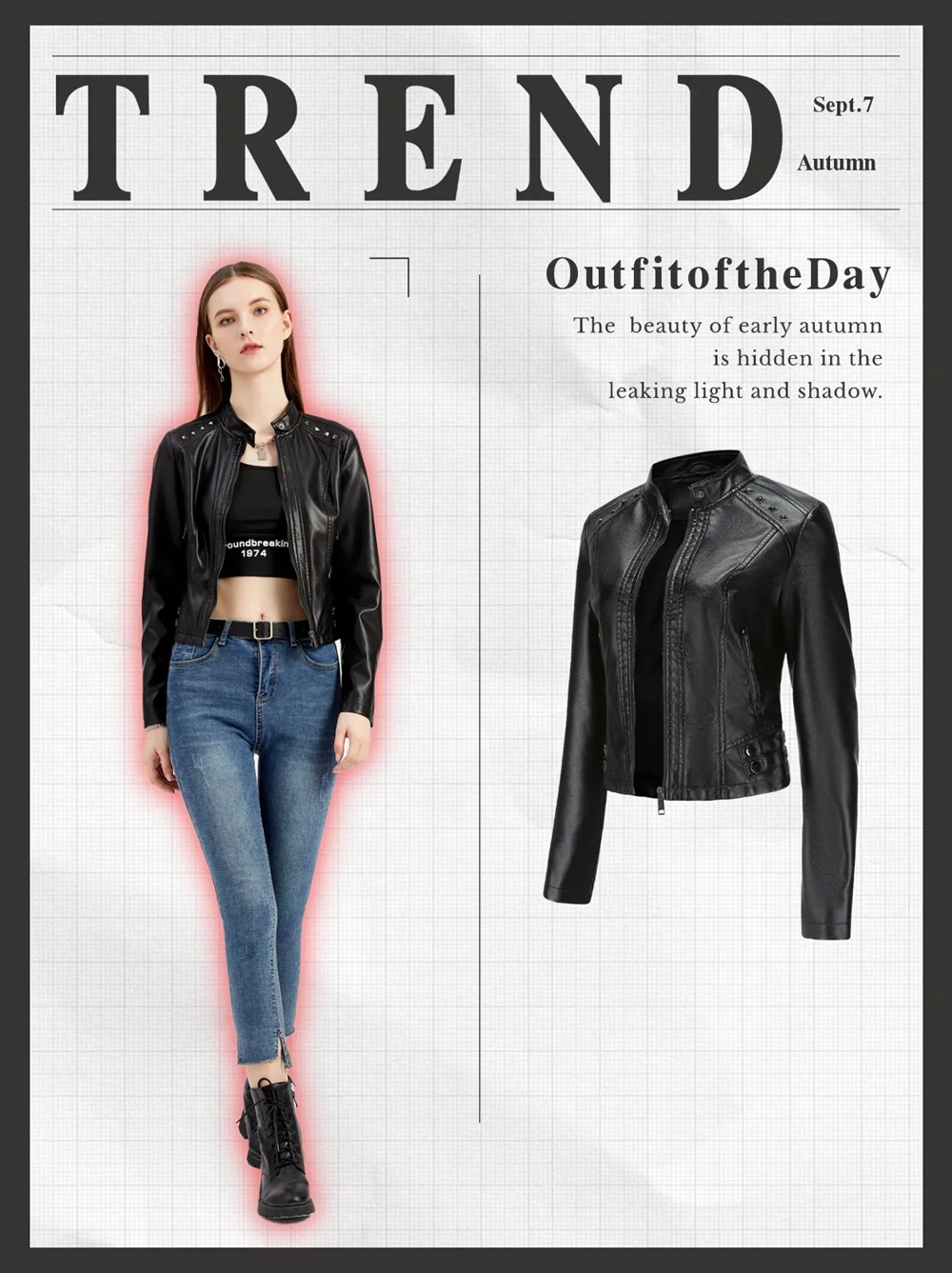 Women's Rivet PU zipper Leather Coat, Black Motorcycle Jacket, Standing Collar, Korean Punk Rock Fashion, Autumn and Winter