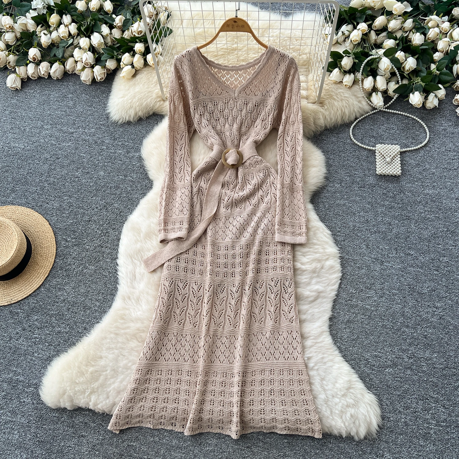 Chic vintage scollo a V telai in maglia scava fuori Elegante fata moda coreana Boho vestito estivo autunno abbigliamento donna Abito lungo