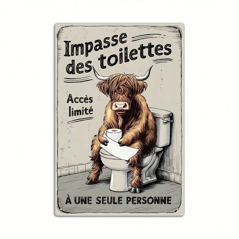 French Vintage Highland Cow Impasse des Toilettes Aluminum Wall Art Inch Waterproof Durable Metal Sign For Farmhouse Home Decor