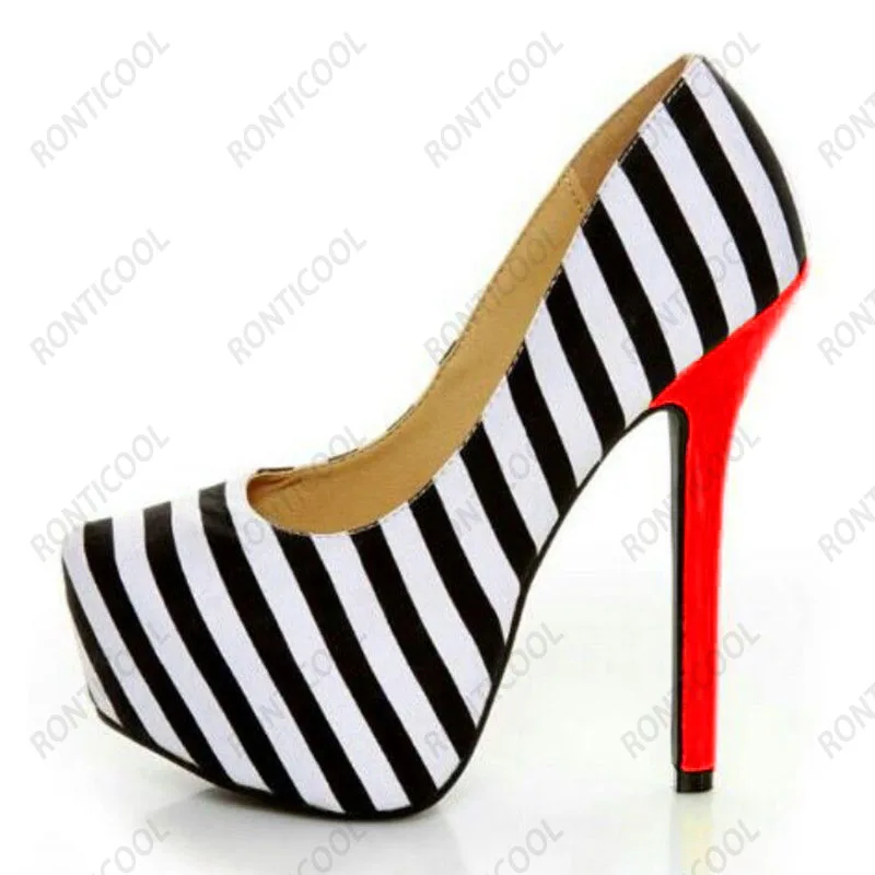 Ronticool New Fashion Women Platform Pumps Sexy Stripped Stiletto Heels Round Toe Elegant Black Party Shoes US Plus Size 5-20