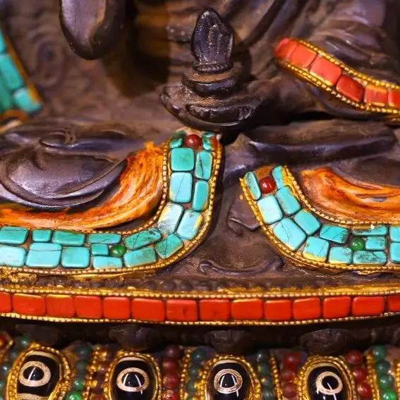 

10"Xizang Folk Collection Old Bronze Painted Mosaic Gem gZi Beads Turquoise Sakyamuni Buddha Buddhist Niche Worship Hall