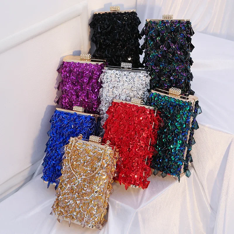 

New Luxury Designer Women's Handbag Diamonds Beaded Evening Bag Lady Glass Rhinestones Party Gold Purse Mini Square Tassel Bags