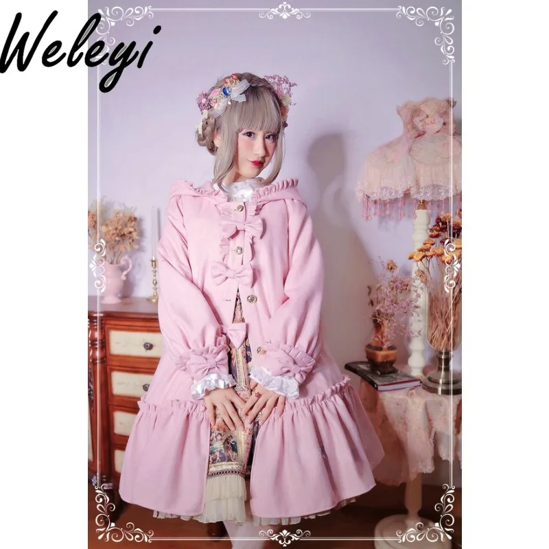 Kawaii Lolita Cutewool Jacket Japanese Fashion Winter Streetwear New Fleece Thickened Wool Long Sleeved Button Bow Loose Coats