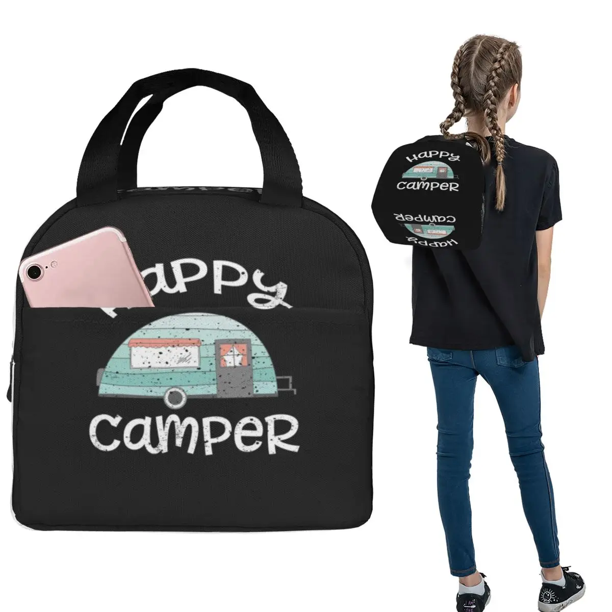 Happy Camper Retro Trailer RV Caravan Camping Insulated Lunch Bag for Women Kids Leakproof Food Boxes Thermal Lunch Box Tote