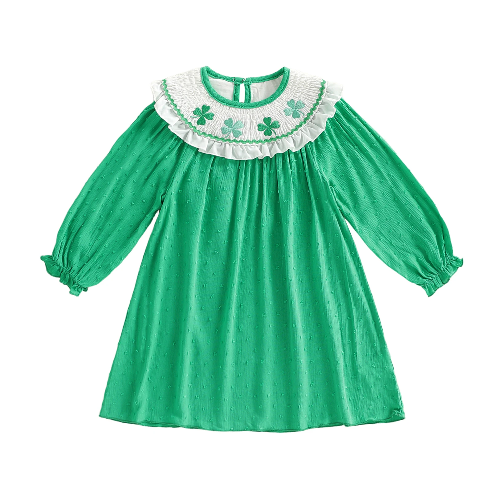 

Infant Girl s St Patrick s Day Clover Applique Tiered Ruffle Hem Relaxed Fit Crew Neck Long Sleeve Dress for Spring