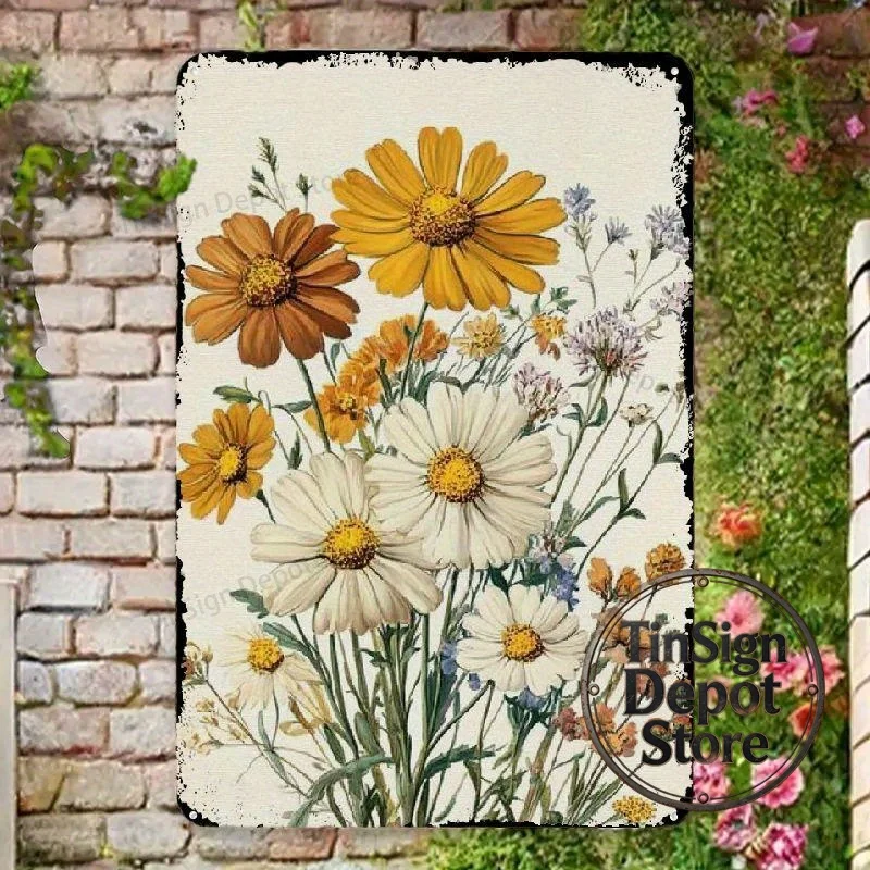 2026 Daisy & Sunflower Tin Sign - Rustic Metal Wall Art for Home, Garden, Coffee Shop, and Farmhouse Decor-Vibrant Floral Design