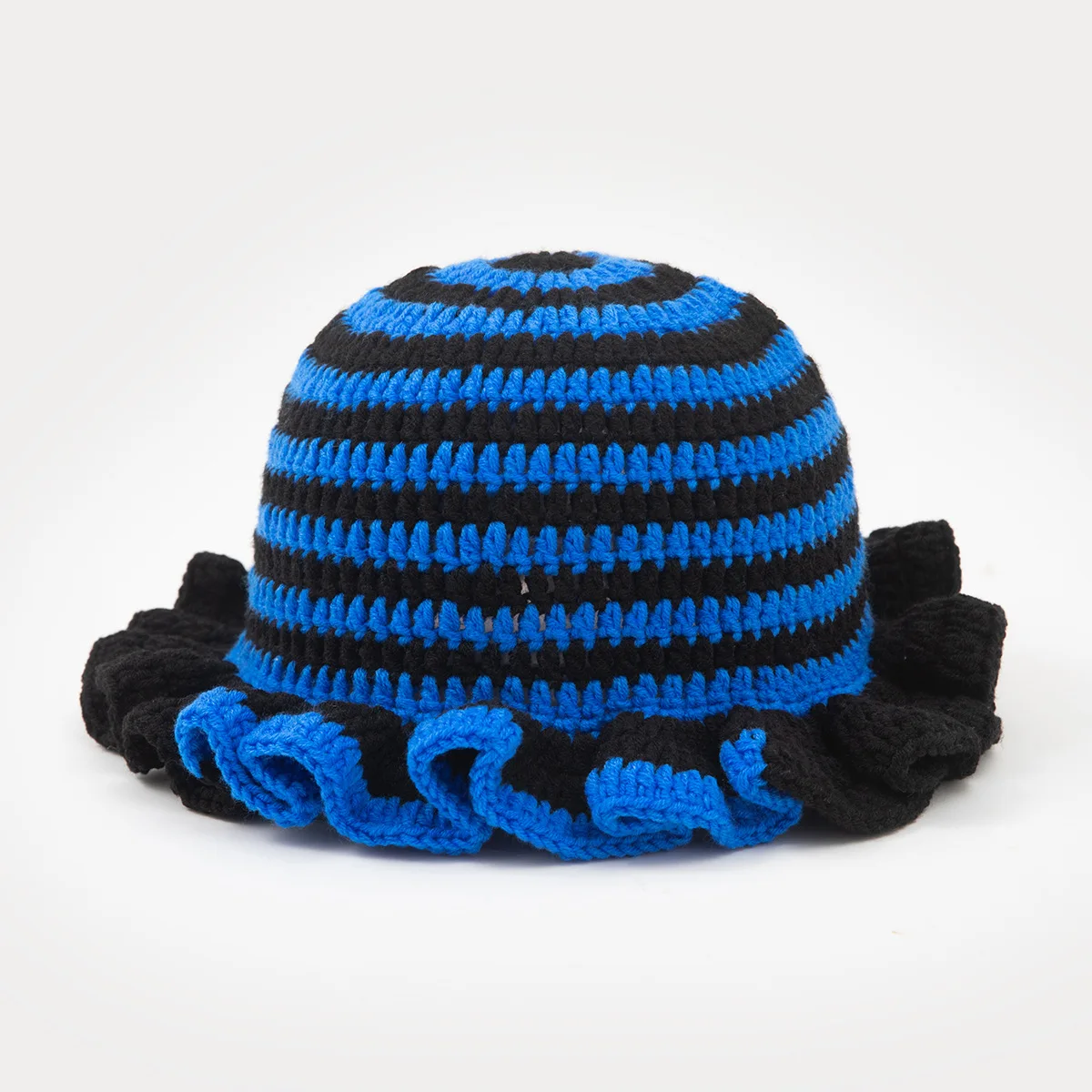Lotus leaf edge pleated striped color blocked pure handmade knitted hat for men and women, autumn and winter warm woolen hat