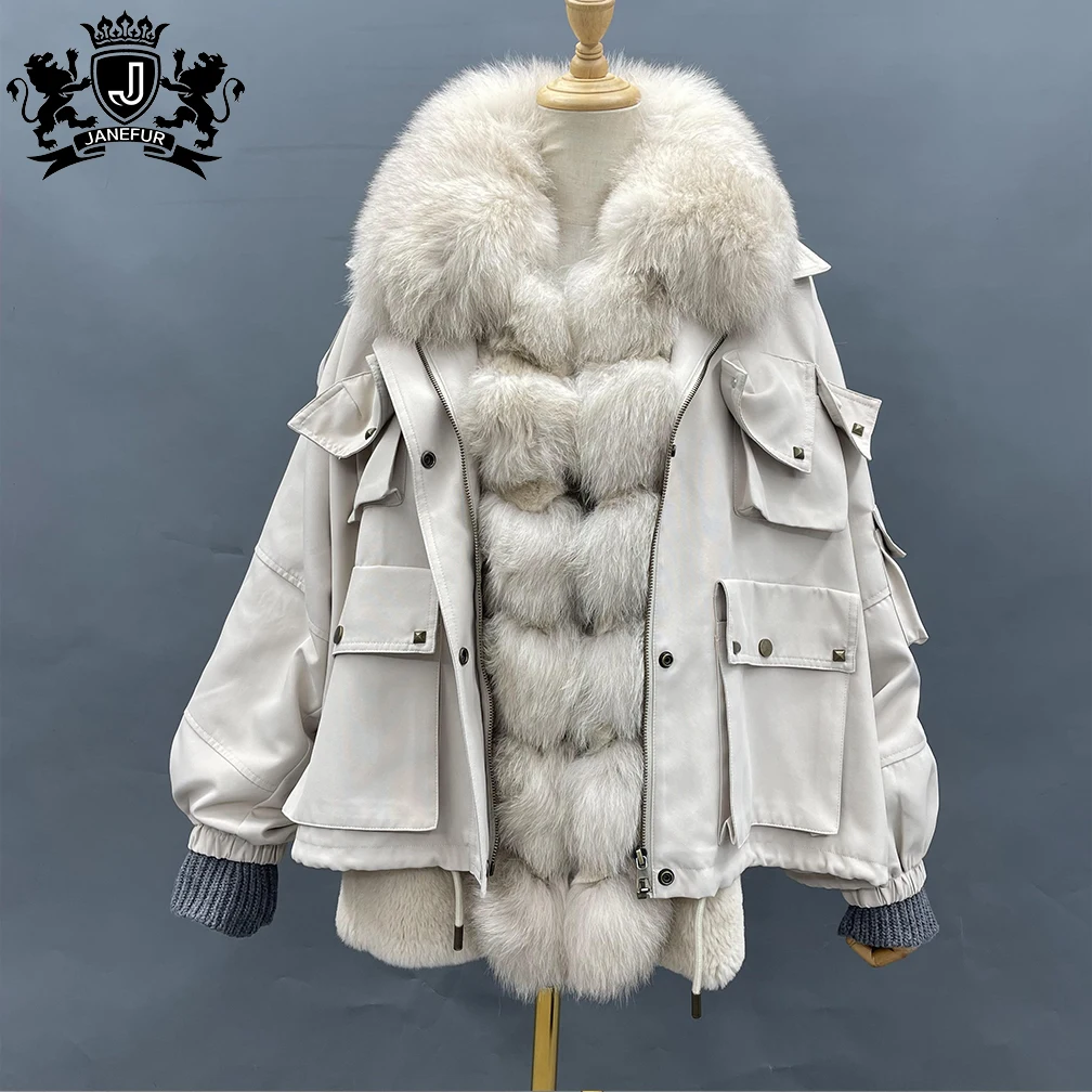 Janefur New Fox Fur Parka Medium Long Windproof Coat Winter Women Clothing Female Real Fur Lining Thick Jacket