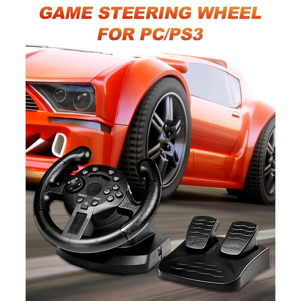 

Wheel, 90 Degree USB Vibration Car Race Steering Wheel with Pedals 3/PC, Black