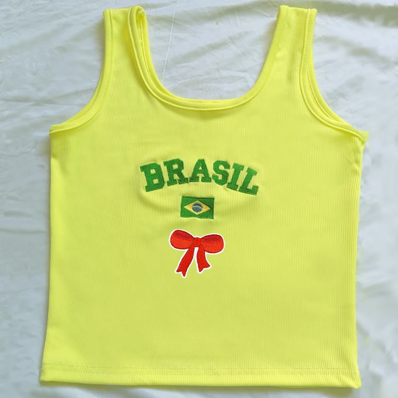 2025 Tops cortos amarillos con bordado de gráficos de mariposa, Top Y2K, camiseta ajustada de verano para mujer, ropa Sexy corta de calle