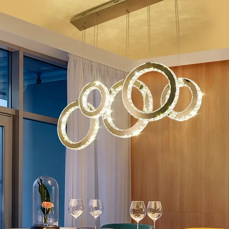 Lustre LED Crystal Pendant Light, Modern Luxury Circle Steel Hanging Lamp, Stylish LED Chandelier Lighting for Dining Room