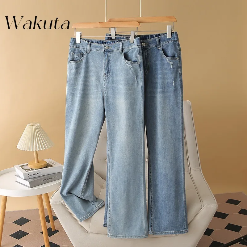 WAKUTA American Retro Meat Covering Thin Large Size Jeans Casual Zipper Pockets Loose Straight Pants Chic Commuter Lady's Pants