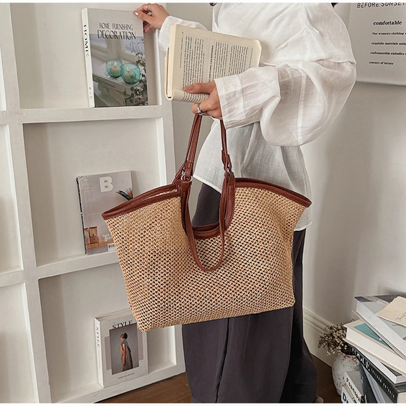 Große gewebte Tragetasche, Damen Frühlingstrendige Kontrastfarbene Hochwertige Vielseitige Schultertasche mit Henkel und Henkelgriff – Detail 10