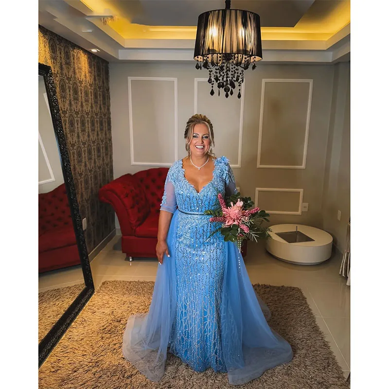 Vestido de sirena azul cielo para madre de la novia, traje de encaje con cuentas para noche, graduación, fiesta Formal, cumpleaños, celebridad, madre del novio