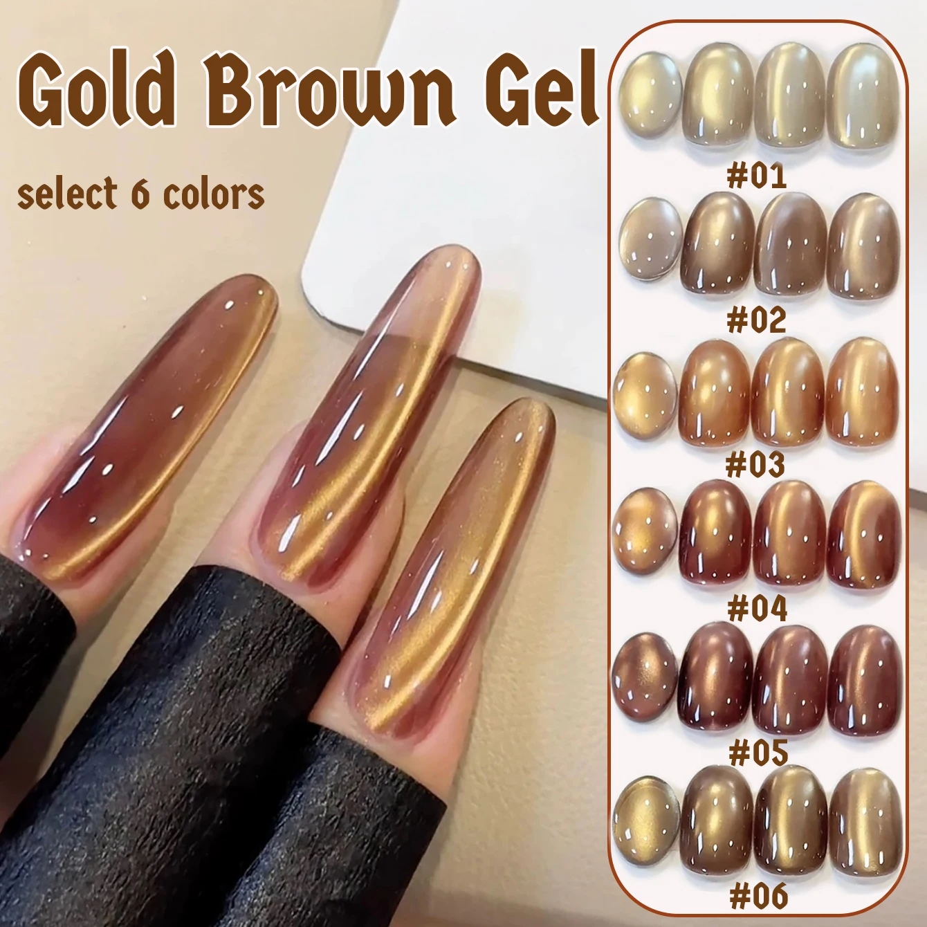 1 szt. WS 2025 Białoszczuplający, złoty, szklany koralik do zdobienia paznokci, popularny, modny, karmelowy brązowy żelowy lakier do paznokci z efektem kociego oka