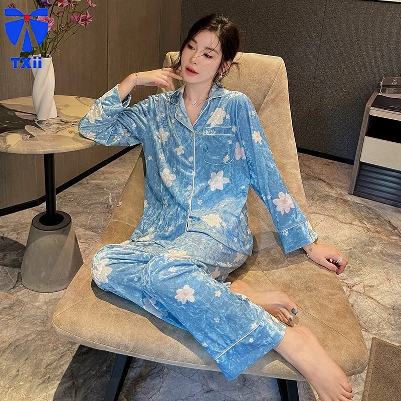 Autumn and Winter New Vintage Printed Loose Pajamas Women's Golden Velvet Long-sleeved Trousers Home Clothes suit Outer Wear