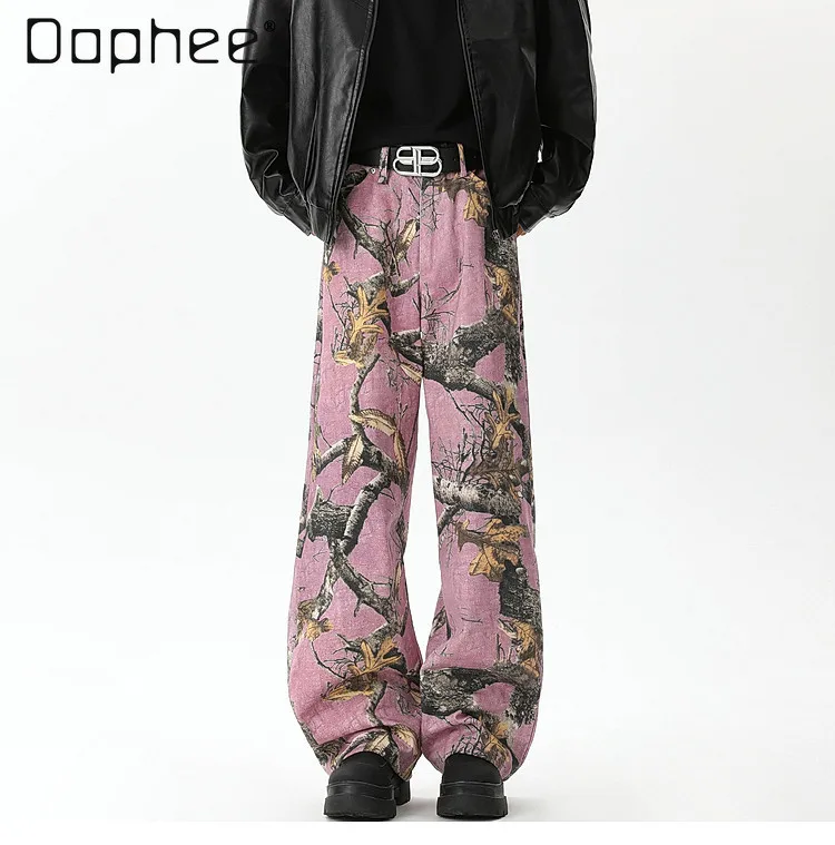 

Новые мужские джинсы в американском ретро-стиле для весны и осени, с принтом граффити и розовыми ветвями, с высокой талией, свободные, широкие штанины