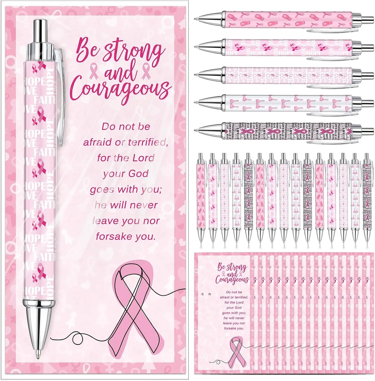 

Chiisong 25 Set Breast Cancer Awareness Pens Bulk Pink Ribbon Ballpoint Pens with Motivational Cards Bags Breast Cancer Awareness Accessories Items for Women Survivor Public Events Gift Supplies