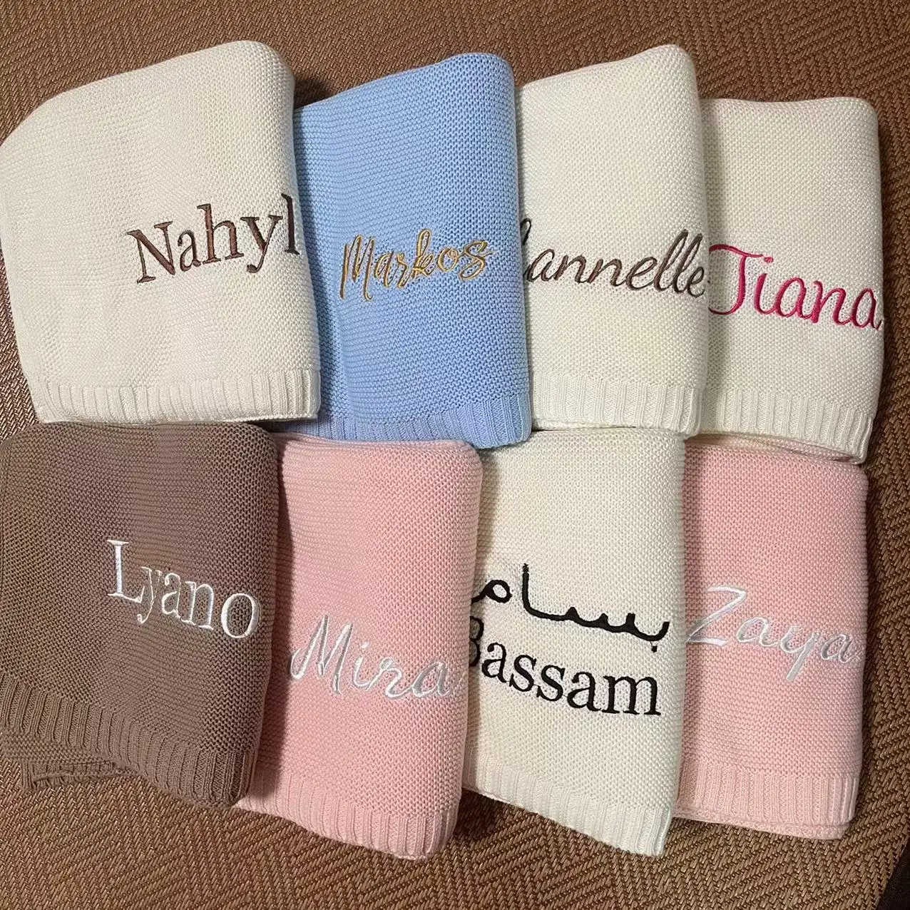 

Embroidered Name Baby Blanket Baby Shower Stroller Blanket Newborn Baby Gift Personalized Soft Breathable Cotton Knitted Blanket