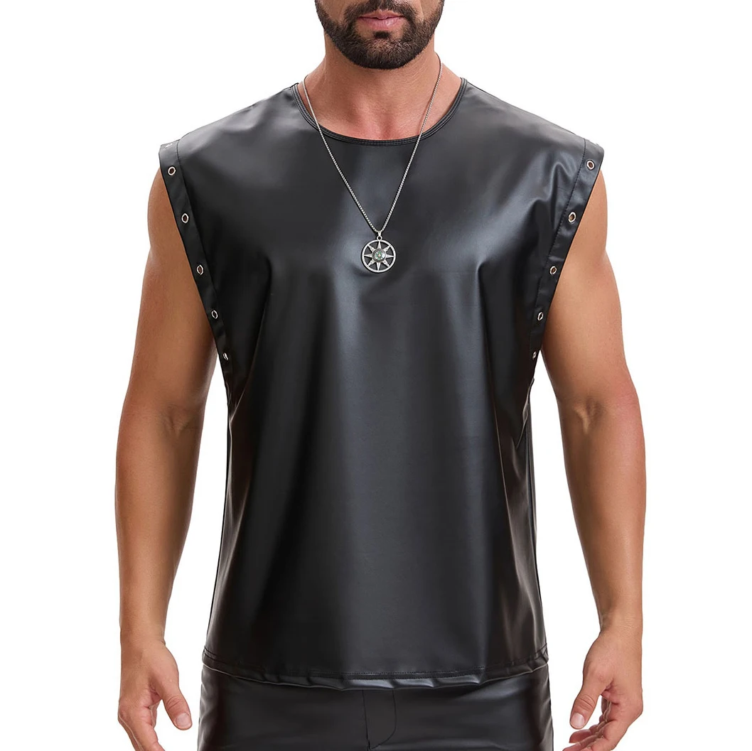 Men's Sleeveless Tank Tops Faux Leather Loose Punk Motorcycle Biker Streetwear Nightclub Stylish Metal Eyelet Rivet Trim Vests