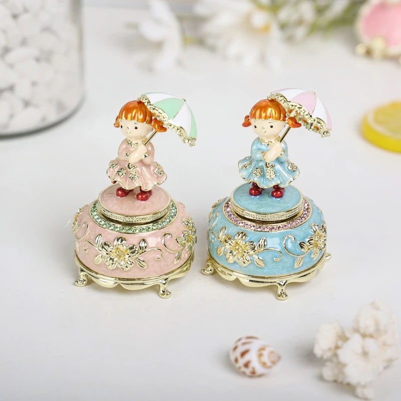 SHINNNYGIFTS Enamel Metal Trinket Box for Girls' Birthday Gift, Enamel Color Umbrella Music Trinket Box