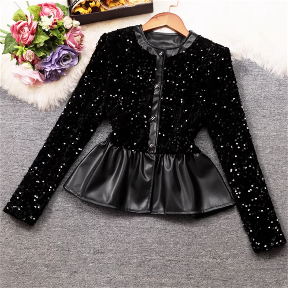 

Round-necked quilted velvet sequined bodice trimmed with ruffled edges jacket women