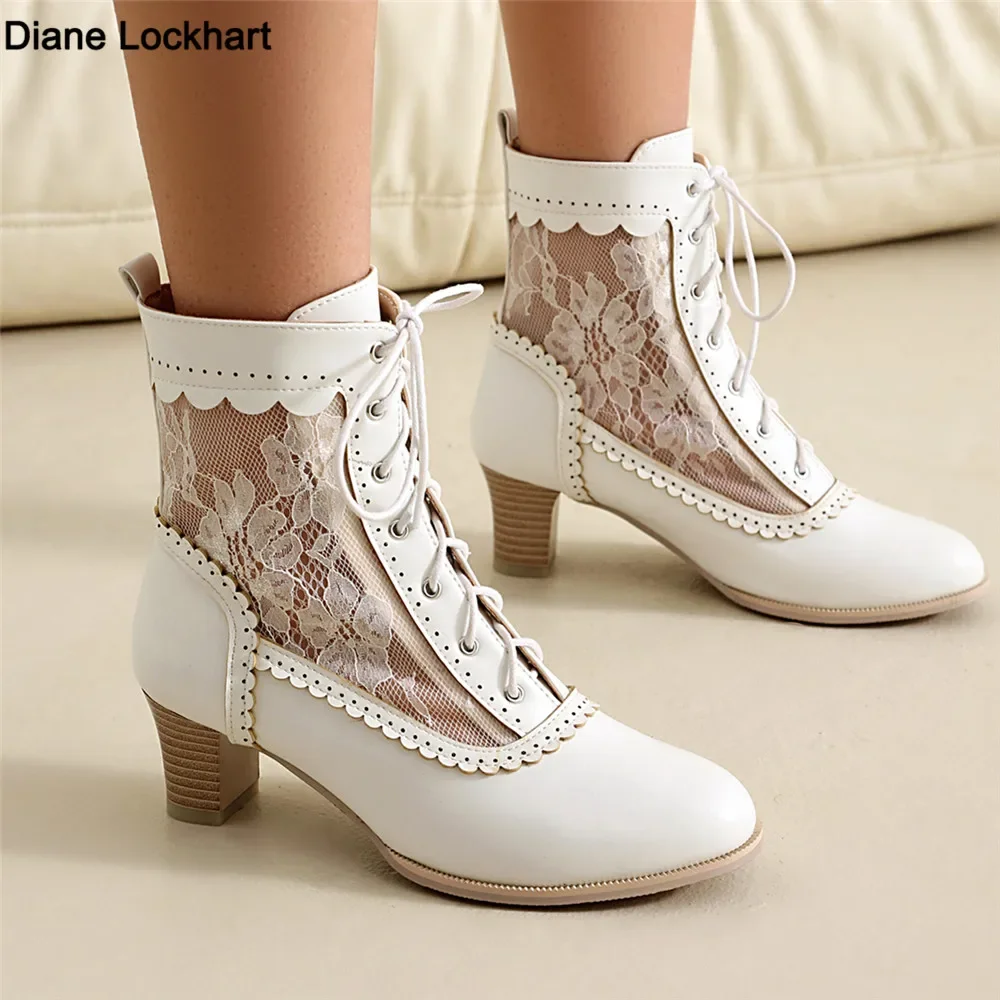 

Women Victorian Ankle Boots Leather Lace Hollow Mesh Heel Shoes for women Fashion Lace-up Spliced Ladies High Heels Woman Boots