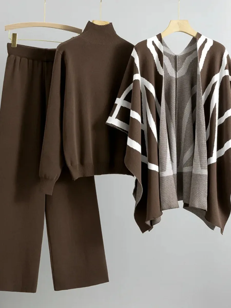 

Knitting Suit Muslim Women Sweater Print Shawl Pullover Wide Leg Pants 3 Piece Sets Knitted Ensembles Casual Femme Outfits 2025