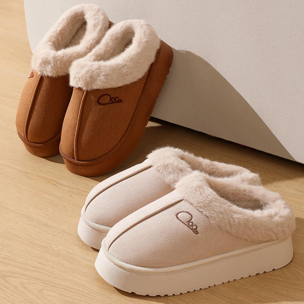 New Concise Fashion Winter Warm Closed-toe Fluffy Slippers For Women Platform Non-slip Slides Ladies' Mule Home Cotton Shoes