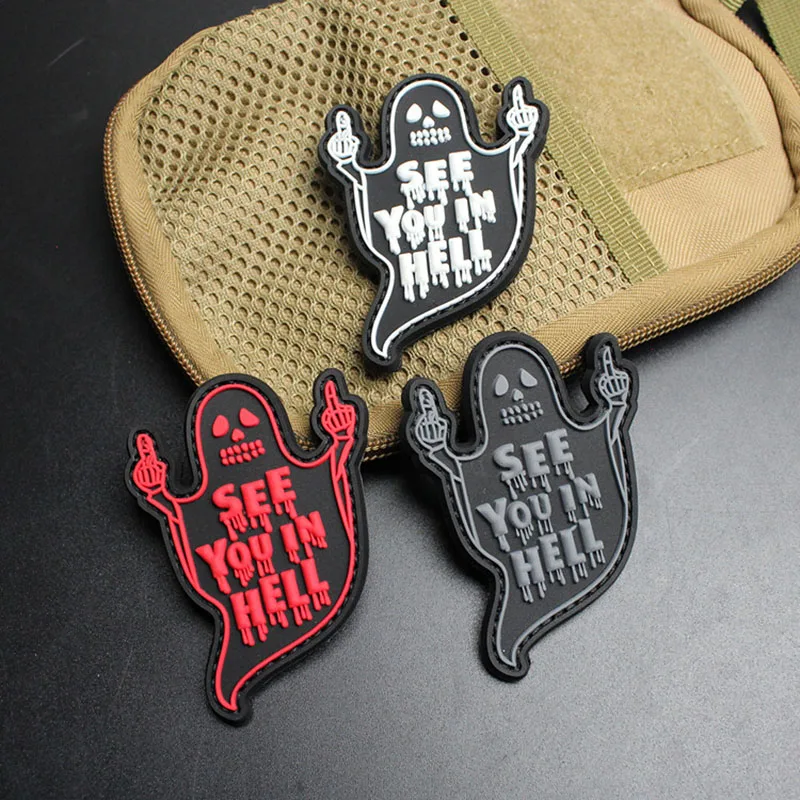 

3D PVC SEE YOU IN HELL Patches on Clothes Morale Ghost Armband Skull Tactical Patch on Backpack Hook and Loop Badge