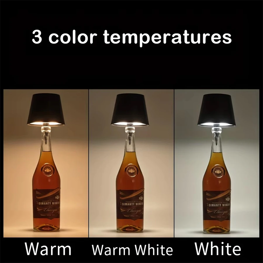 Wireless Winte Bottle Table Lamp 3Colors Touch Control Rechargeable Stepless Dimming Bedside Night Lamp For Restaurant Bar Decor