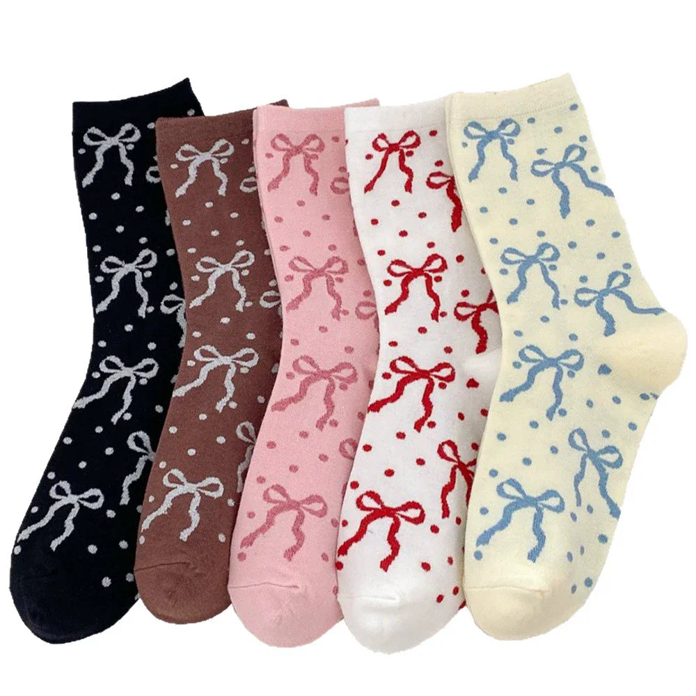 5 Pair Korean Style Women Socks Fashion Long Casual Autumn Winter Cute Round Dot Funny Bow Lady Socks Middle Tube Sokken Vrouwen